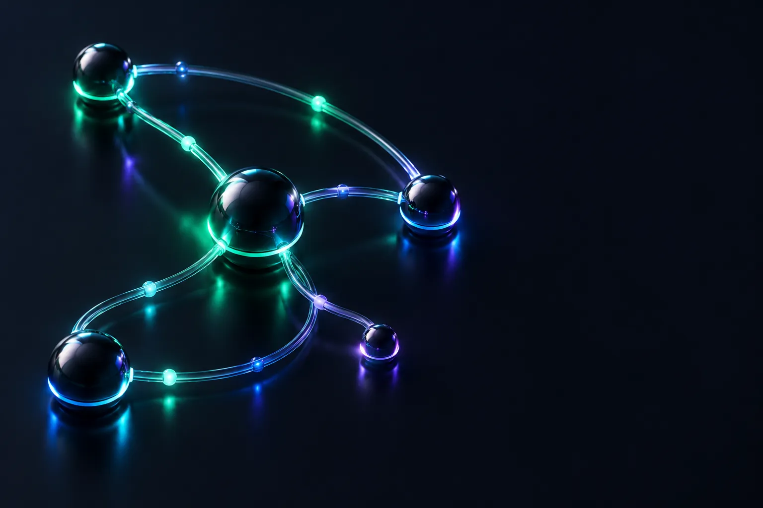 Esferas escuras ligadas por tubos de luz verde, azul e roxa, como uma automação em funcionamento